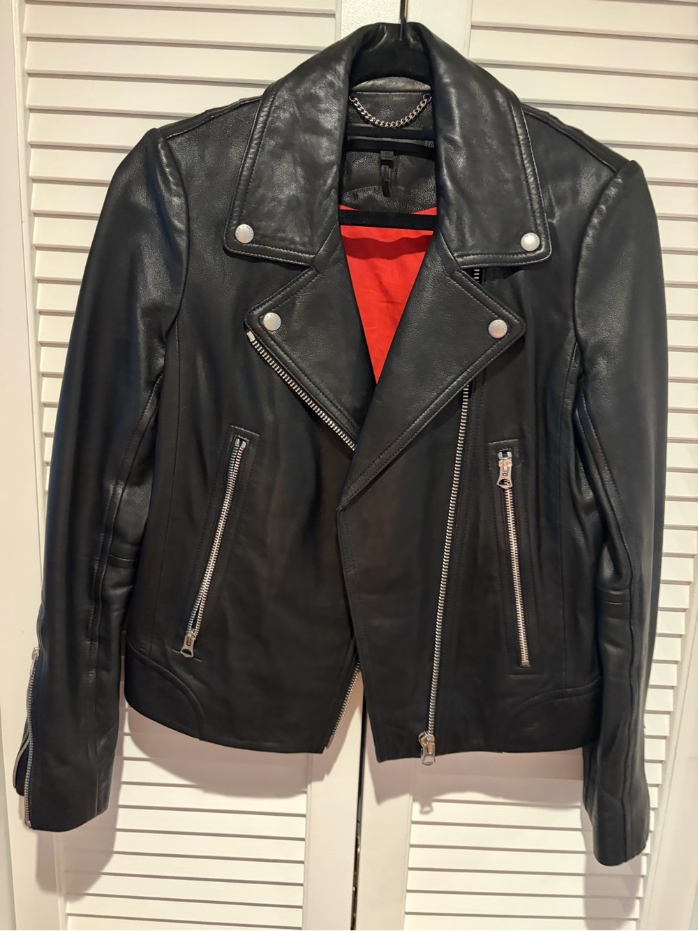 Womens Allsaints Darby Black Leather Biker Jacket with Red Lining